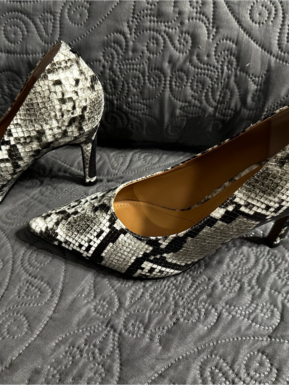 J Renee Women's Snake-Print Pointed Toe Pumps in Black and White